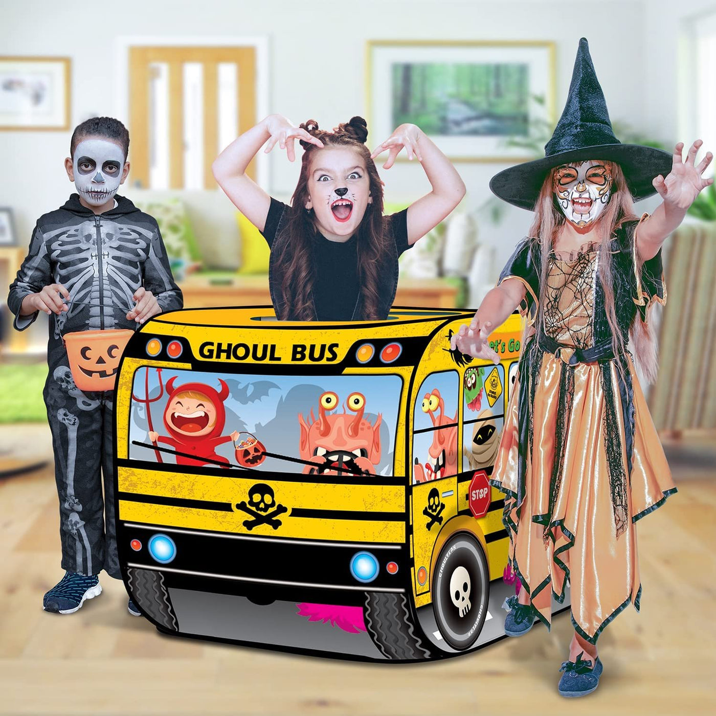 Ghoul School Bus Pop Up Tent, Halloween Tent for Kids with a Carry Bag, Pop Up Play Tent for Hours of Fun, Great for Indoor Halloween Decorations, 43.5 x 28 x 26.5"es