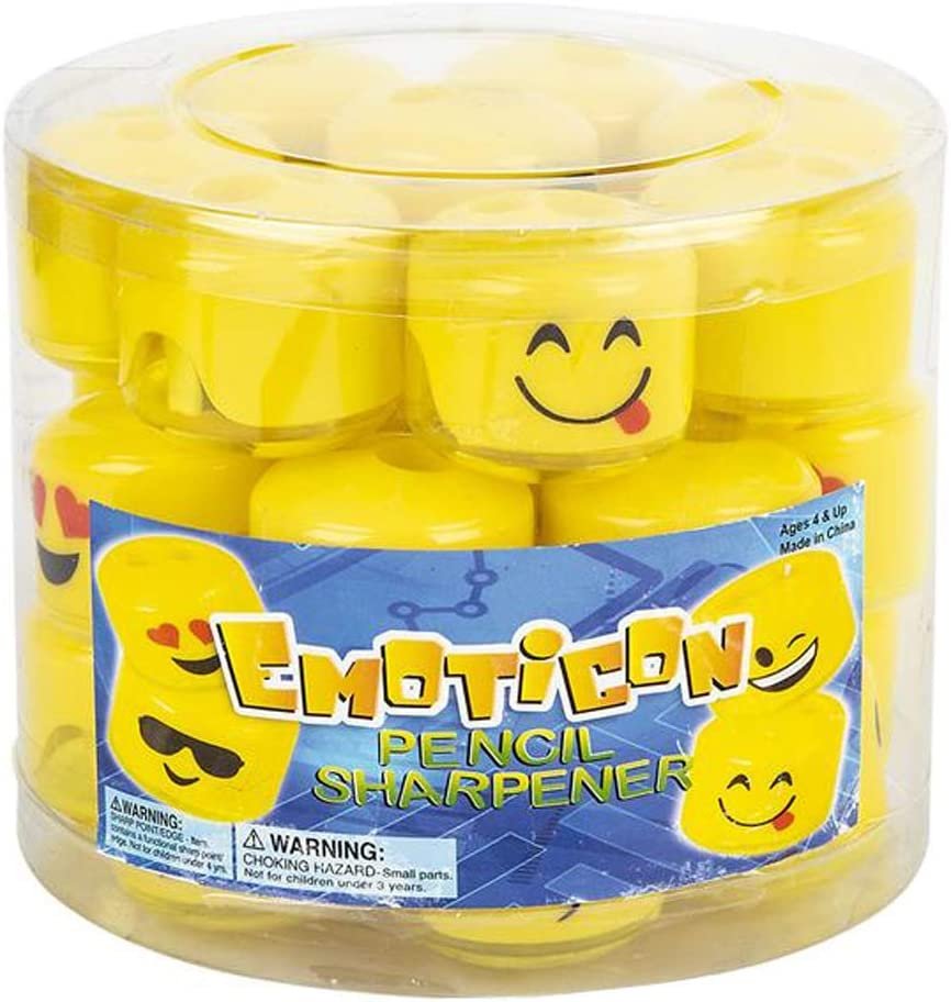 Emoticon Sharpeners for Kids, Bulk Pack of 24, Emoticon Smile Face Pencil and Crayon Sharpeners, Fun School Supplies for Children, Emoticon Birthday Party Favors for Boys and Girls