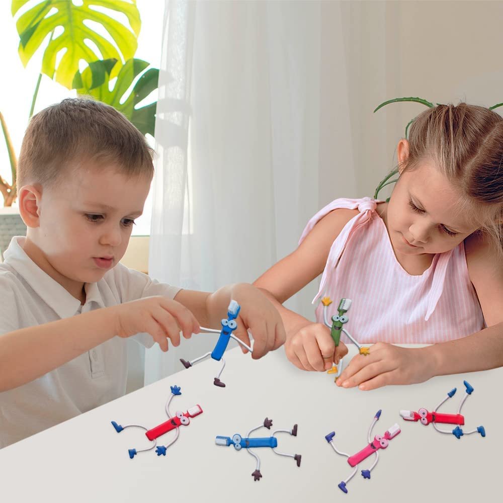 Bendable Toothbrush Figures, Set of 12, Bendable Toys for Kids, Party Favors for Boys & Girls, Stress Relief Fidget Toys for Kids and Adults, Dentist Office Giveaways, and Pinata Fillers