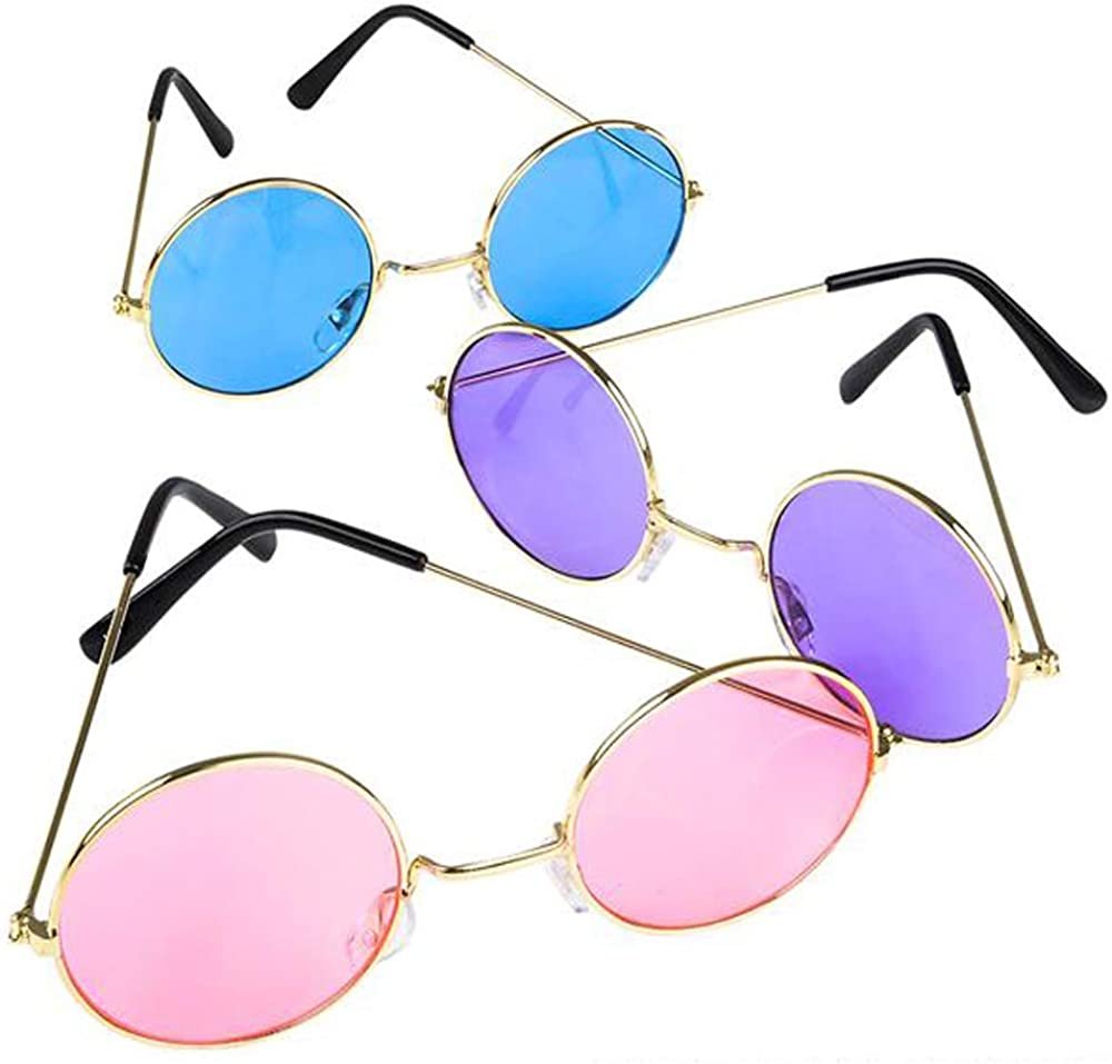 Round Colored Glasses - Pack of 3 - Hippy Style Circle Shades with Gold Frame - Vintage Glasses for 60s Hippie Costume, Disco Party, for Boys and Girls - Blue, Pink, and Purple