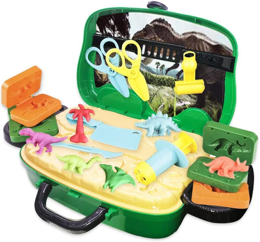 Dinosaur Theme Modeling Clay Playset on Wheels, Play Dough Activity Kit with 10 Dinosaur Molding Accessories, 8 Dough Colors, & Travel Case, Safe & Non-Toxic for Kids, Great Gift Idea