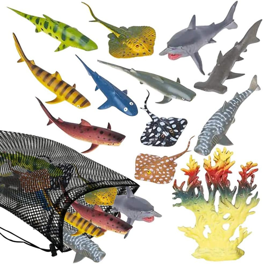 Sharks & Rays in Mesh Bag, Pack of 12 Sea Creature Figurines in Assorted Designs, Bath Water Toys for Kids, Ocean Life Party Décor, Party Favors for Boys and Girls