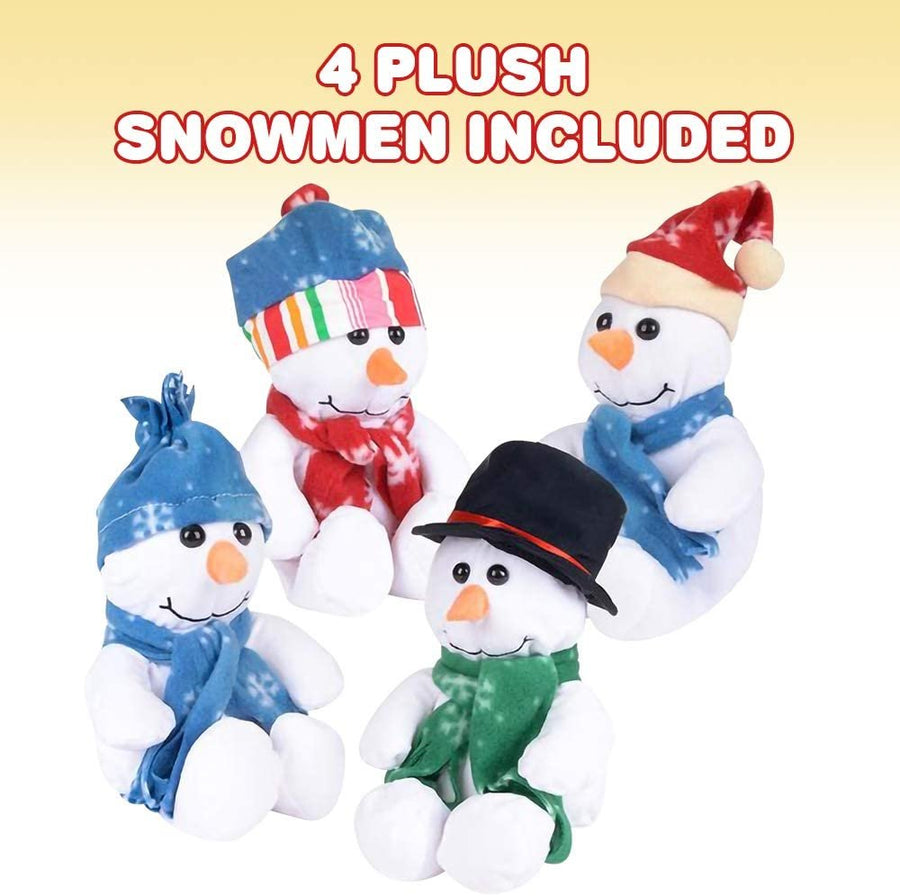 Plush Snowman Stuffed Toys, Set of 4, Adorable Snowmen Decorations with Assorted Outfits, Soft and Cuddly, Fun Christmas Tree Décor, Goodies, and Favors