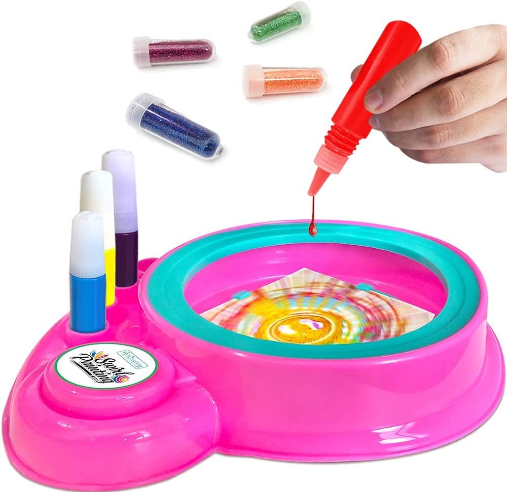 Swirl Painting Kit for Kids, Friction Powered Spin Art Machine, 21 Piece Set, Includes Paint, Glitter, Paper, Spinning Wheel, Engaging Arts & Crafts Activities, No Batteries Required