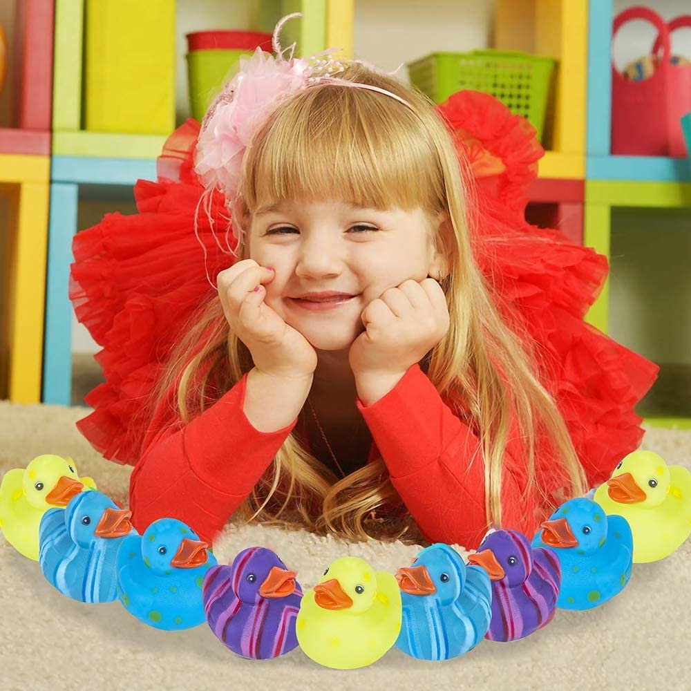 Multicolored Pattern Rubber Duckies for Kids, Pack of 12 Cute Duck Bath Tub Pool Toys, Fun Carnival Supplies, Birthday Party Favors for Boys and Girls