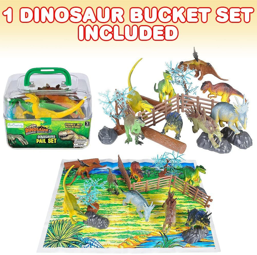 Dinosaur Playset for Kids, Dinosaur Bucket Set with 20 Pieces Including Dinosaur Figurines and Play Mat, Engaging Dinosaur Toys for Girls and Boys, Dinosaur Birthday Party Supplies