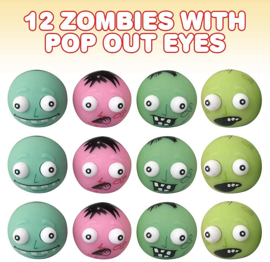 Zombie with Pop Out Eyes, Set of 12, Fun Squeezy Stress Relief Toys for Kids, Halloween Party Favors and Non-Candy Trick or Treat Supplies, Birthday Goodie Bag Fillers