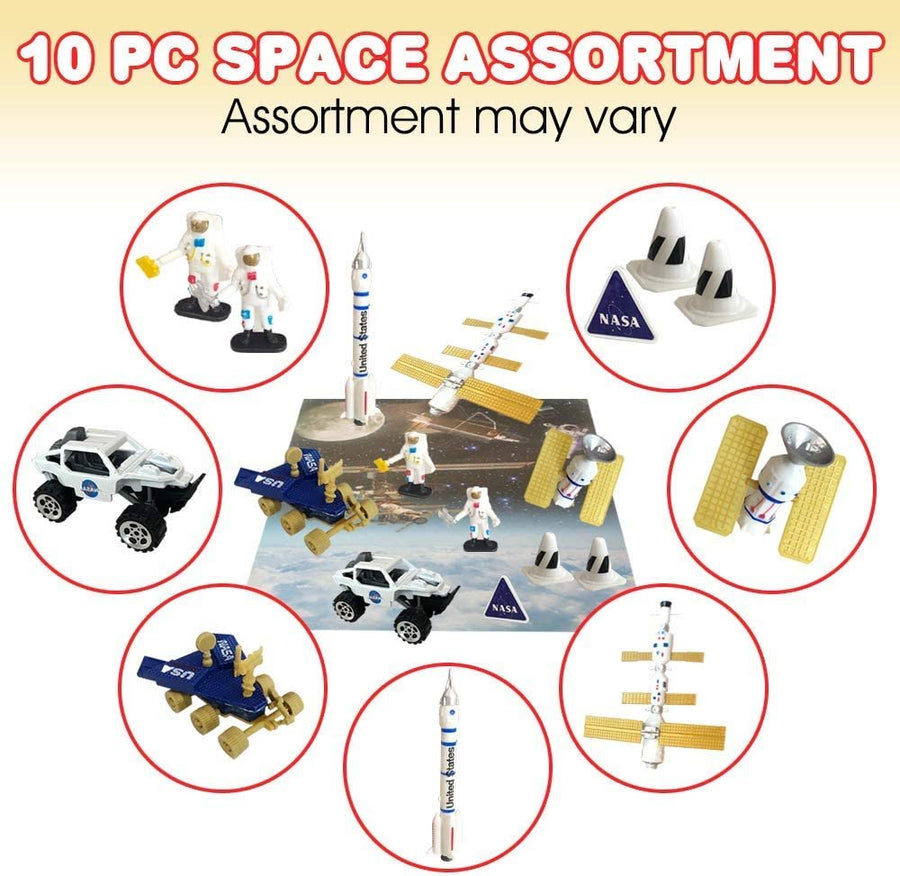 10 Pc Space Explorer Toy Kit, Pretend Play Set with Astronaut Figurines, Robotic Exploration Truck, Diecast Metal Vehicle, NASA Sign and More, Best Gift for Exploring Boys and Girls