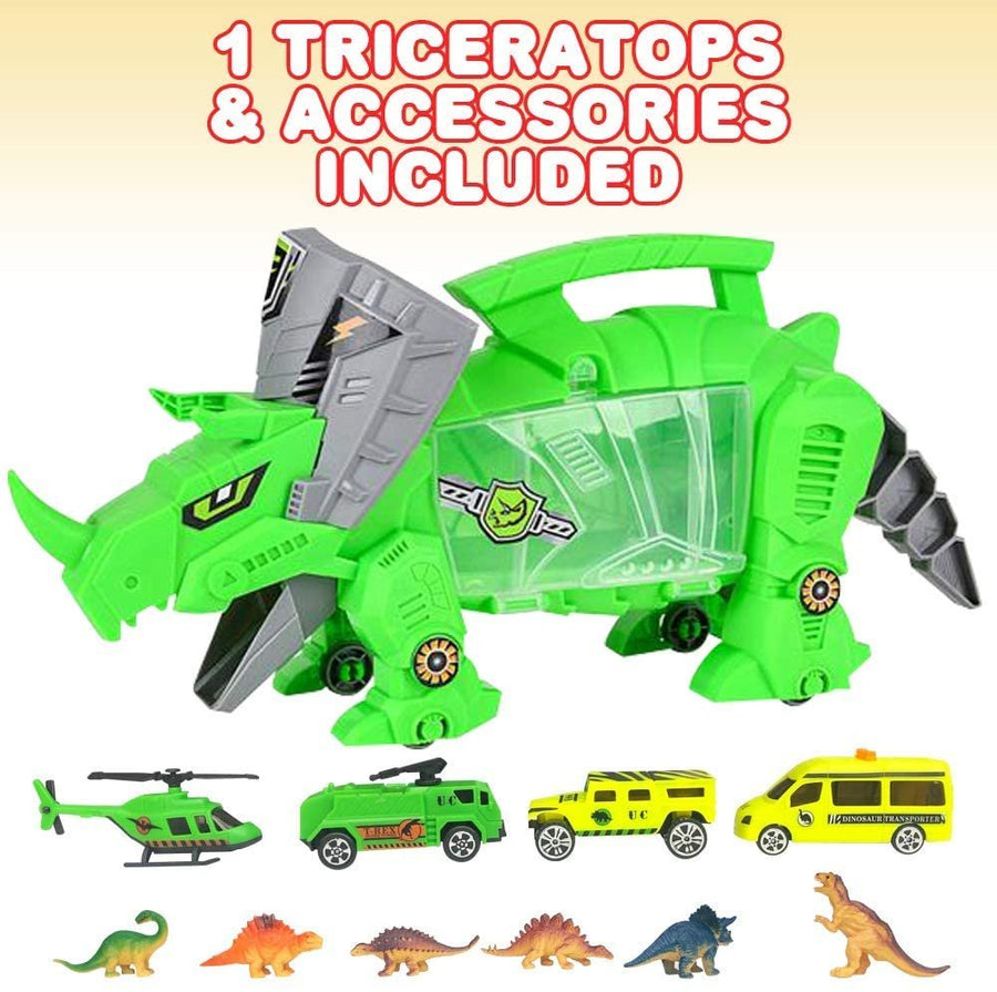 Triceratops Transporter, Dinosaur Toy Storage Organizer with Assorted Car Toys, Dinosaur Figurines, and Wheels, Cool Dinosaur Playset for Boys and Girls, Great Birthday Gift Idea
