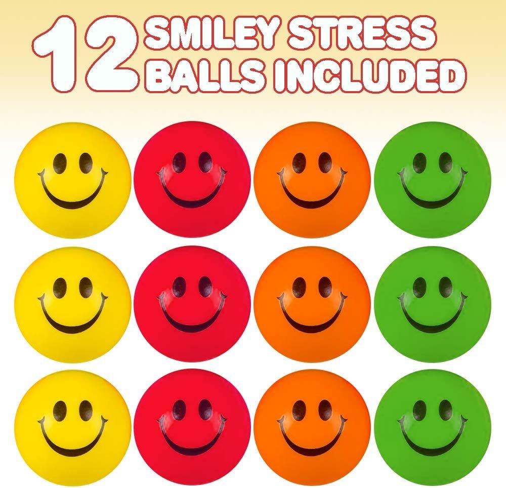 Smile Face Stress Balls for Kids and Adults - Pack of 12 - 2.5 Inch Spongy Squeeze Toys for Anxiety Relief - Fun Birthday Party Favors and Goodie Bag Fillers for Boys and Girls