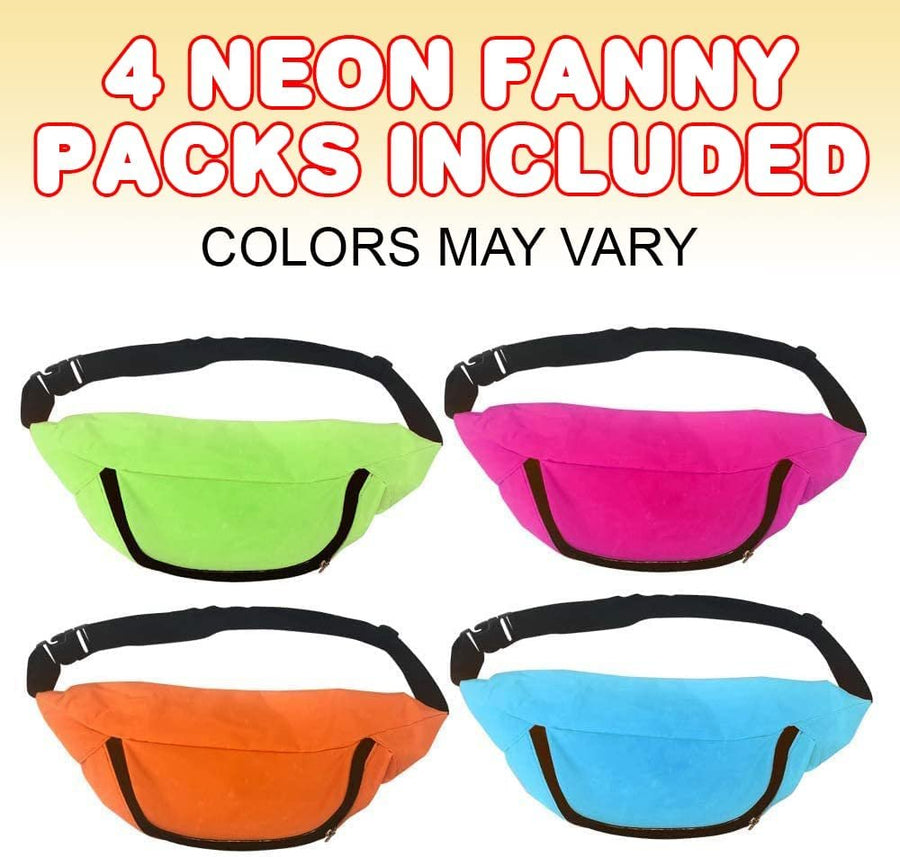 Neon Fanny Packs for Kids, Set of 4, Colorful Waist Bags with Single Zippered Pocket and Adjustable Strap, Neon Party Supplies, 80’s and 90’s Costume Accessories