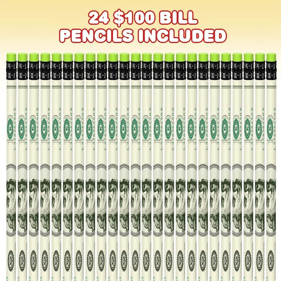 $100 Bill Pencils, Set of 24, Cool Writing Pencils with Erasers, Birthday Party Favors, Party Goody Bag Fillers, Teacher Supplies for Classroom