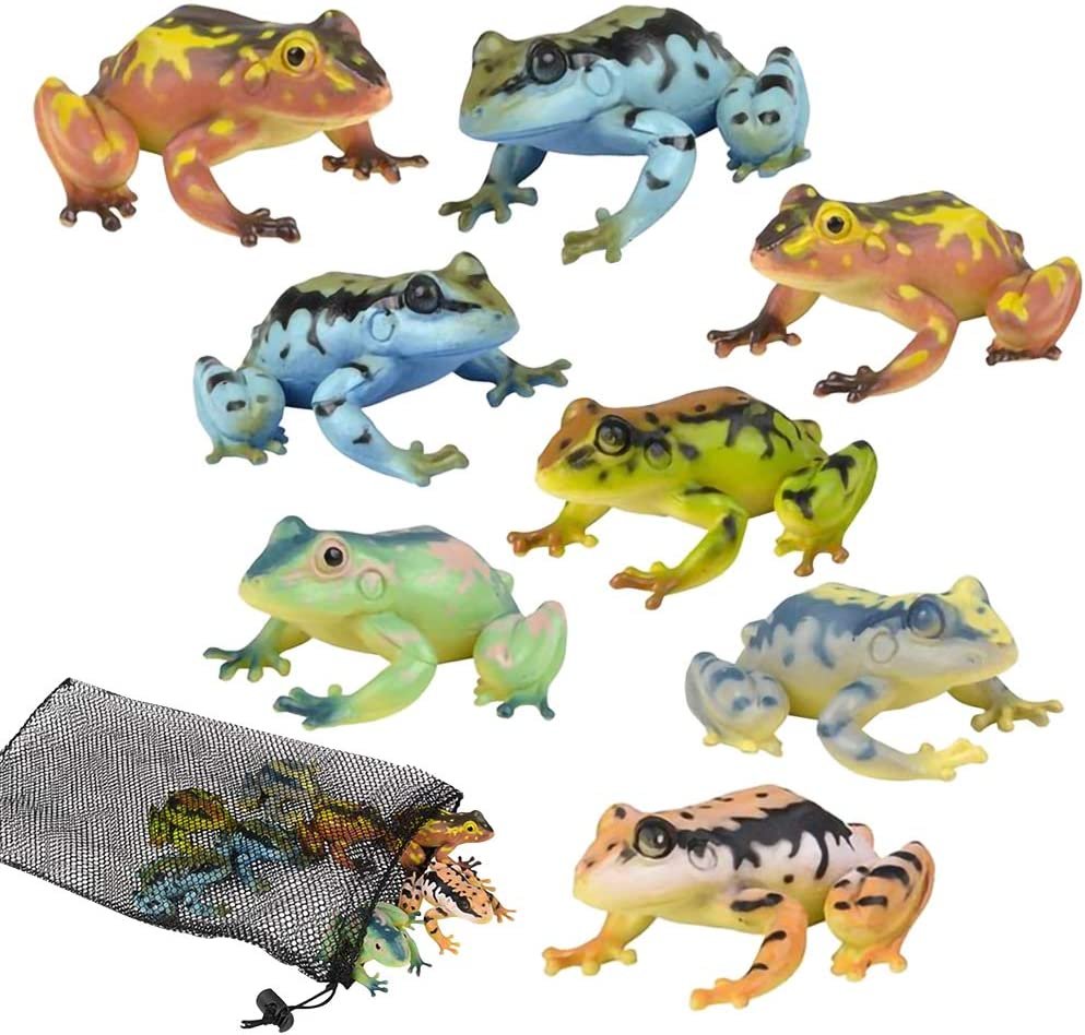 Frog Figures Assortment in Mesh Bag, Pack of 8 Frog Figurines in
