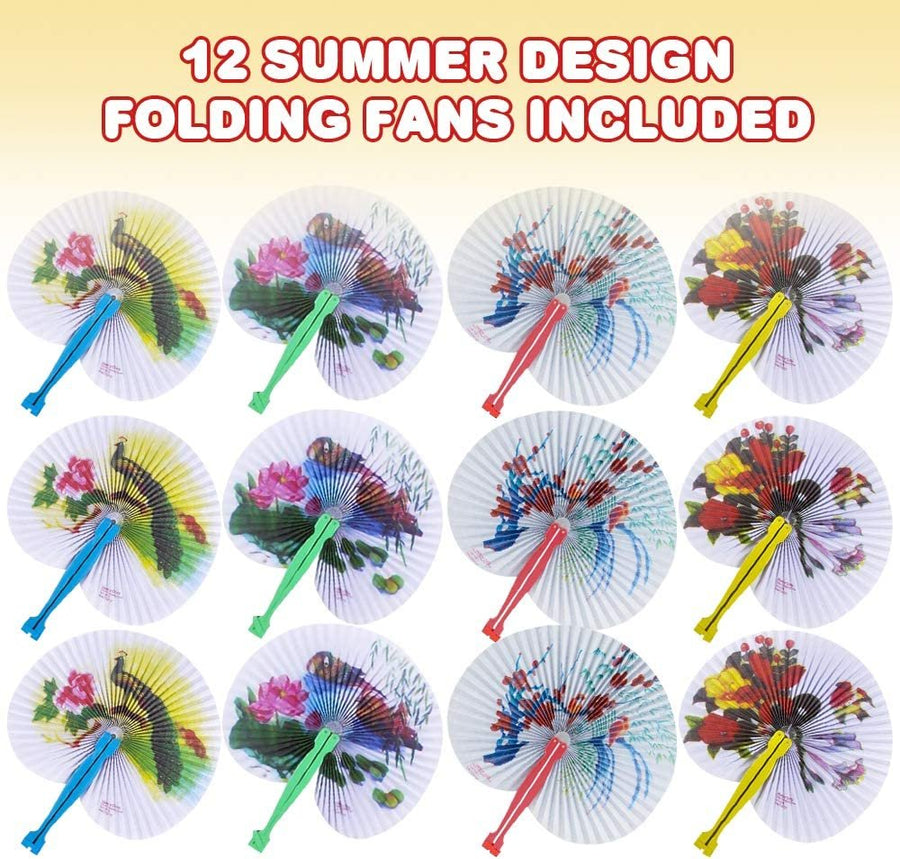 10" Handheld Folding Fans, Pack of 12 White Foldable Fans with Assorted Designs & Colorful Plastic Handles, Goodie Bag Filler, Party Favors & Supplies, Fun Novelties & Gifts for Kids