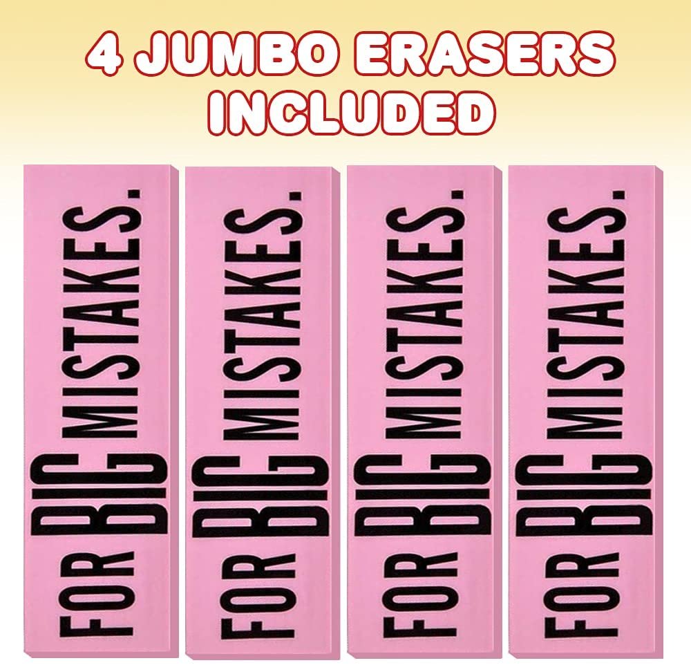 Pink Mistake Erasers for Kids, Pack of 4, Really Big Erasers, 5.5" Giant Pencil Rubber, Cool Back to School Stationery Supplies for Boys and Girls, Joke Gag Gifts for Adults
