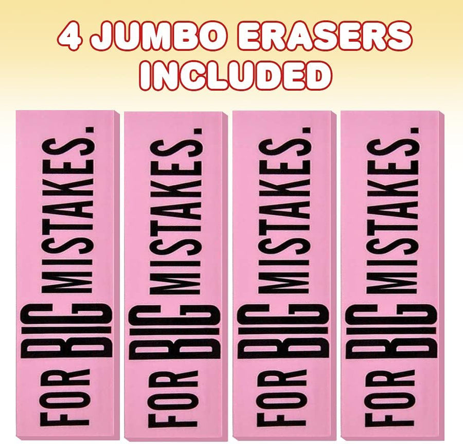 Pink Mistake Erasers for Kids, Pack of 4, Really Big Erasers, 5.5" Giant Pencil Rubber, Cool Back to School Stationery Supplies for Boys and Girls, Joke Gag Gifts for Adults