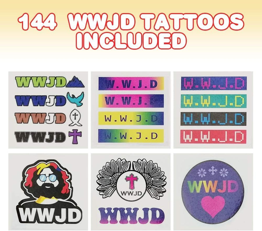 WWJD Temporary Tattoos for Kids - Bulk Pack of 144 - 2" Non-Toxic Tats Stickers for Boys and Girls, Birthday Party Favors, Goodie Bag Fillers, Non-Candy Halloween Treats