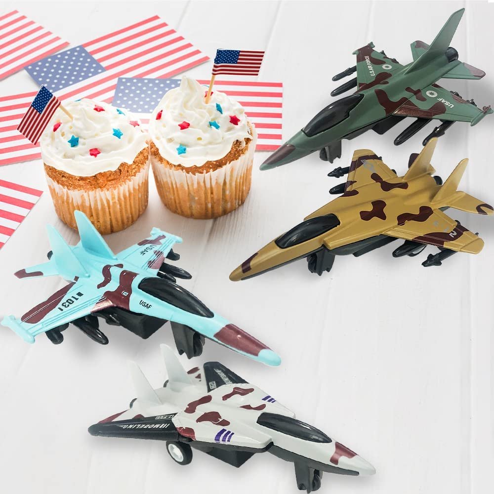 Diecast Fighter Jets, Pullback Mechanism, Set of 4, Diecast Metal Jet Plane Fighter Toys for Boys, Air Force Military Cake Decorations, Pull Back Airplane Party Favor, 4 Colors