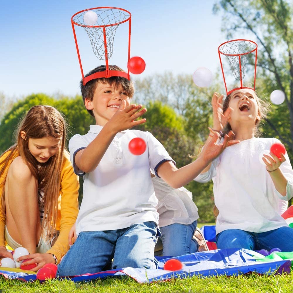Head Hoop Basketball Party Game for Kids and Adults - Adjustable Basket Net Headband with 20 Balls - Fun Gift for Birthday, Party Dress Up, Carnival Ball Game for Boys & Girls