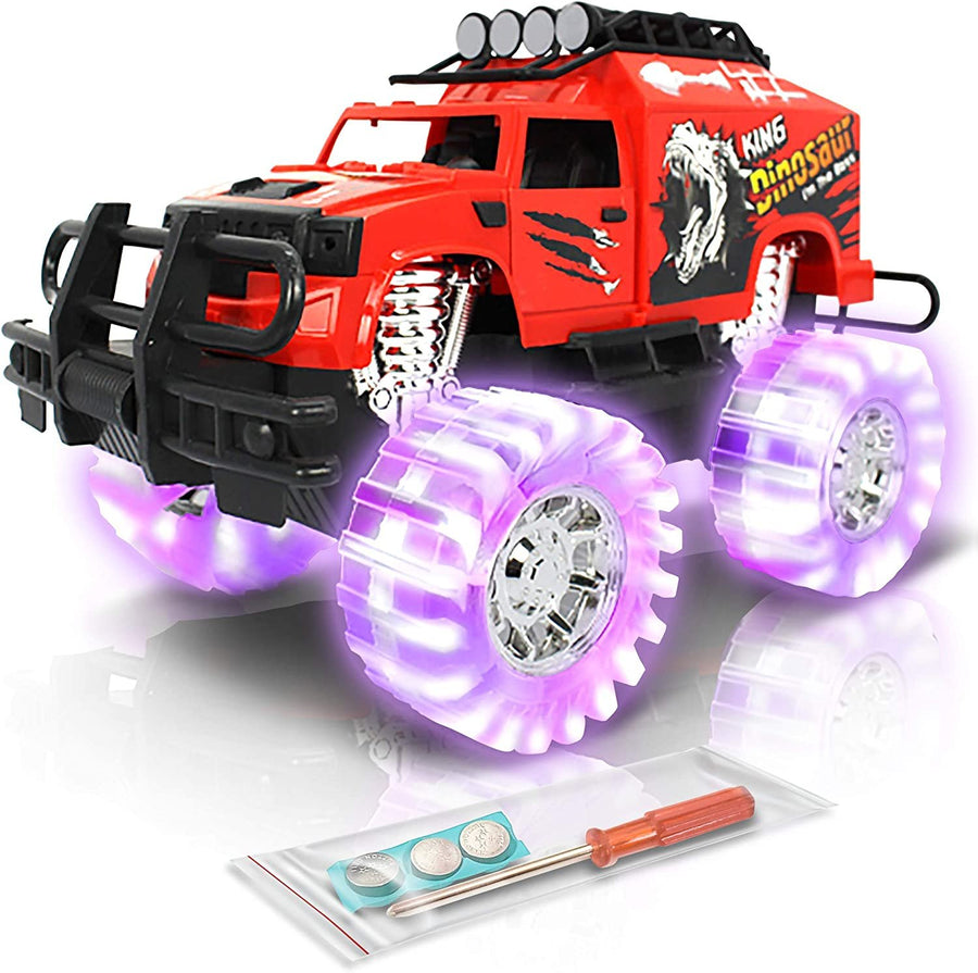 Light Up Red Monster Trucks - 11" Monster Truck with Beautiful Flashing LED Tires and Cool Music - Push n Go Toy Cars - Best Gift for Boys & Girls Ages 3+