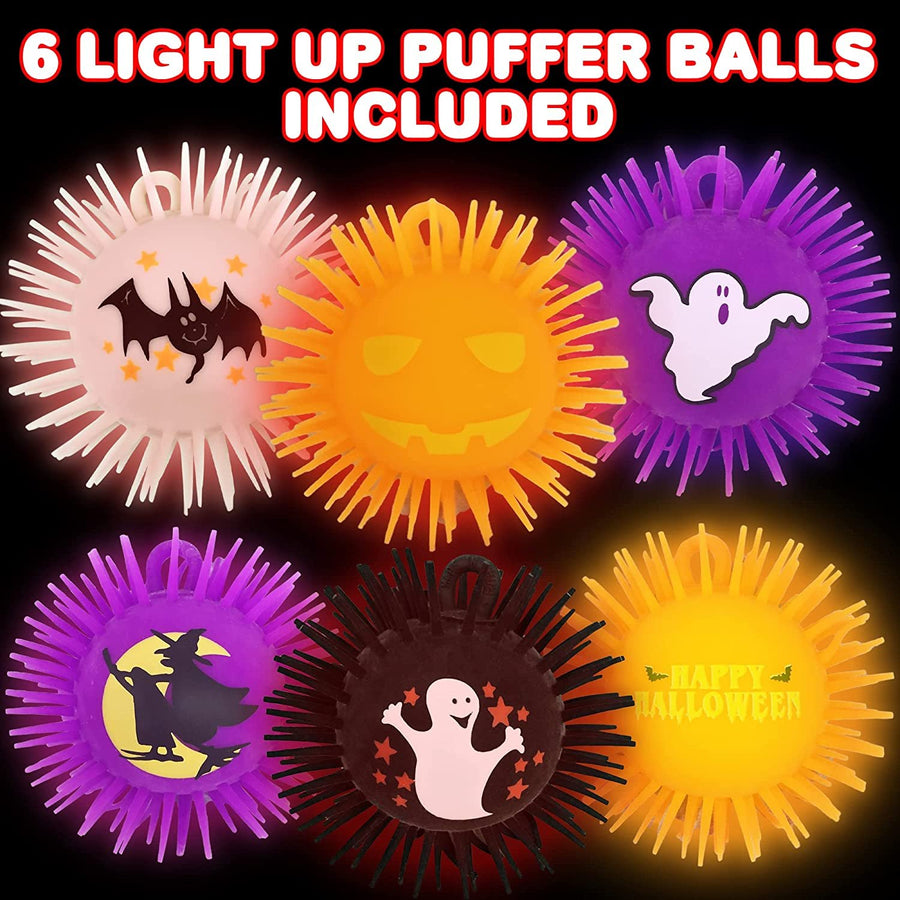 Light Up Halloween Puffer Balls, Set of 6, Soft and Spiky Stress Balls for Kids in Assorted Colors, LED Anxiety Relief Toys, Halloween Party Favors, Non-Candy Trick or Treat Supplies