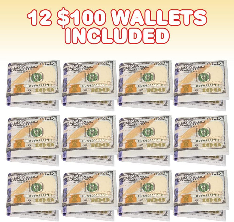 $100 Wallets for Kids, Set of 12, US 100 Dollar Bill Money Wallets for Boys and Girls, Vegas and Casino Party Favors for Adults, Fun Goodie Bag Fillers, and Teacher Rewards