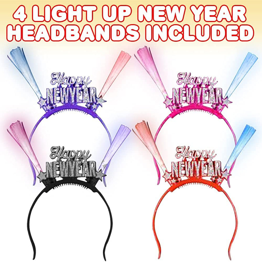 Light Up Happy New Year Headbands, Set of 4, New Year’s Eve Accessories in Assorted Colors, Great as New Year Photo Props, LED Party Favors for Holiday Celebrations