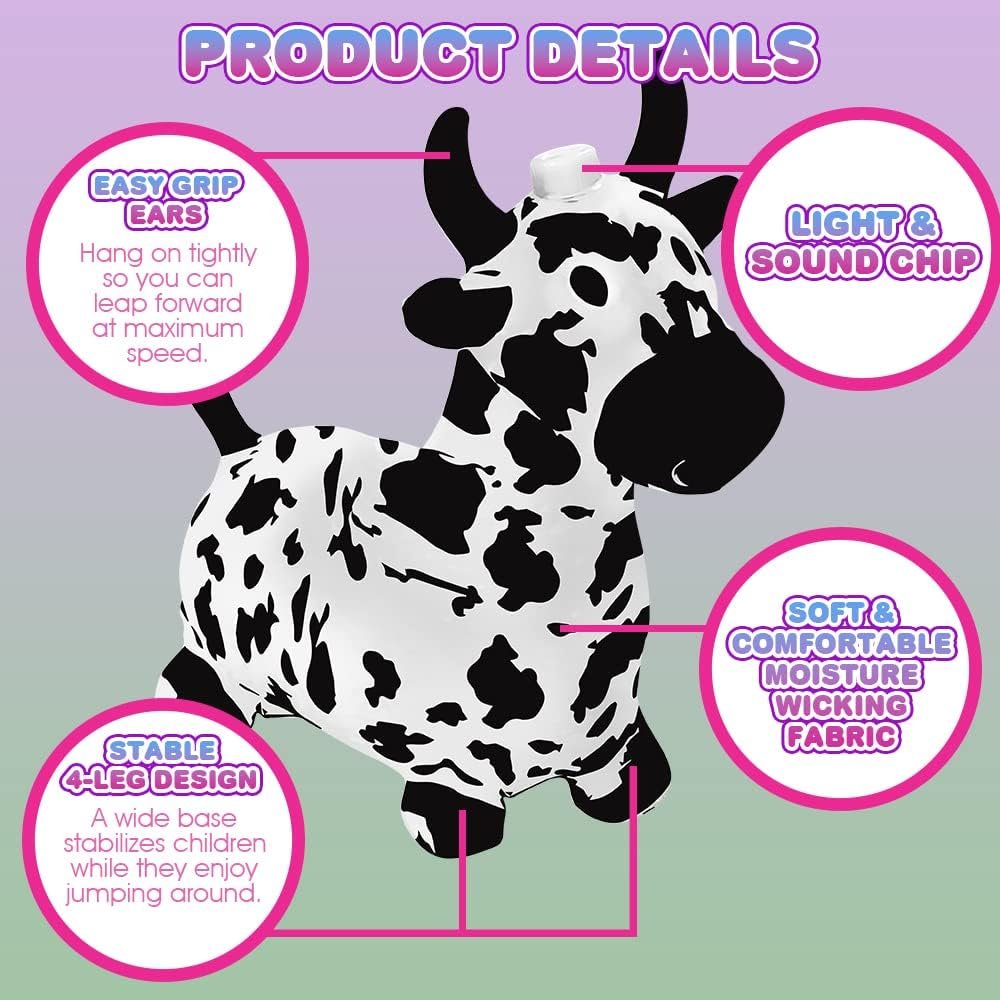 Light Up Bouncy Horse Toy, Cow Hopper Horse with Music, Ride on Horse, Inflatable Animal Hopper for Active Indoor and Outdoor Play, Inflatable Plush Animal Covered Cow Toy for Kids (Pump Included)