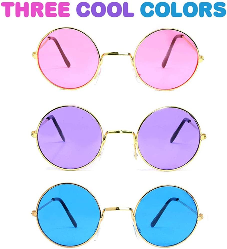 Round Colored Glasses - Pack of 3 - Hippy Style Circle Shades with Gold Frame - Vintage Glasses for 60s Hippie Costume, Disco Party, for Boys and Girls - Blue, Pink, and Purple