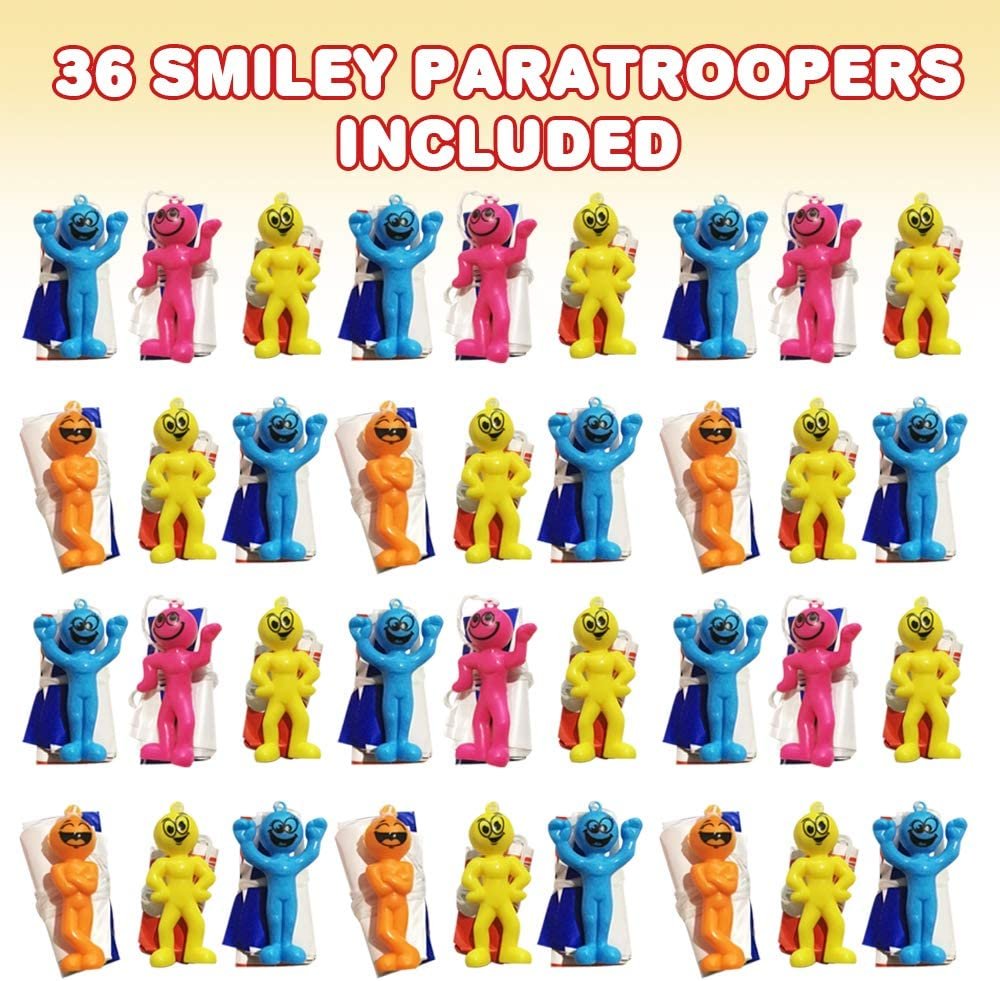 Mini Paratroopers with Parachutes, Bulk Pack of 36, Parachute Smile Figurines in Assorted Colors, Durable Plastic Guys Playset, Fun Parachute Party Favors, Goodie Bag Fillers for Kids