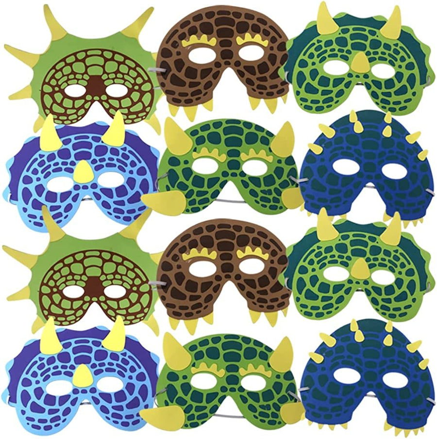 Foam Dinosaur Masks for Kids, Set of 12, Assorted Vibrant Dino Designs, Dinosaur Birthday Party Supplies and Favors, Teacher Rewards and Classroom Incentives