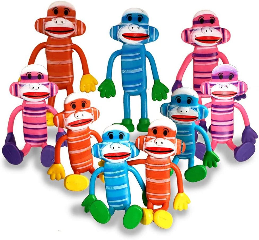 4" Bendable Sock Monkey Toys - Set of 12 - Flexible Plastic - Birthday Party Favors for Boys and Girls - Stress Relief Fidget Toys for Kids