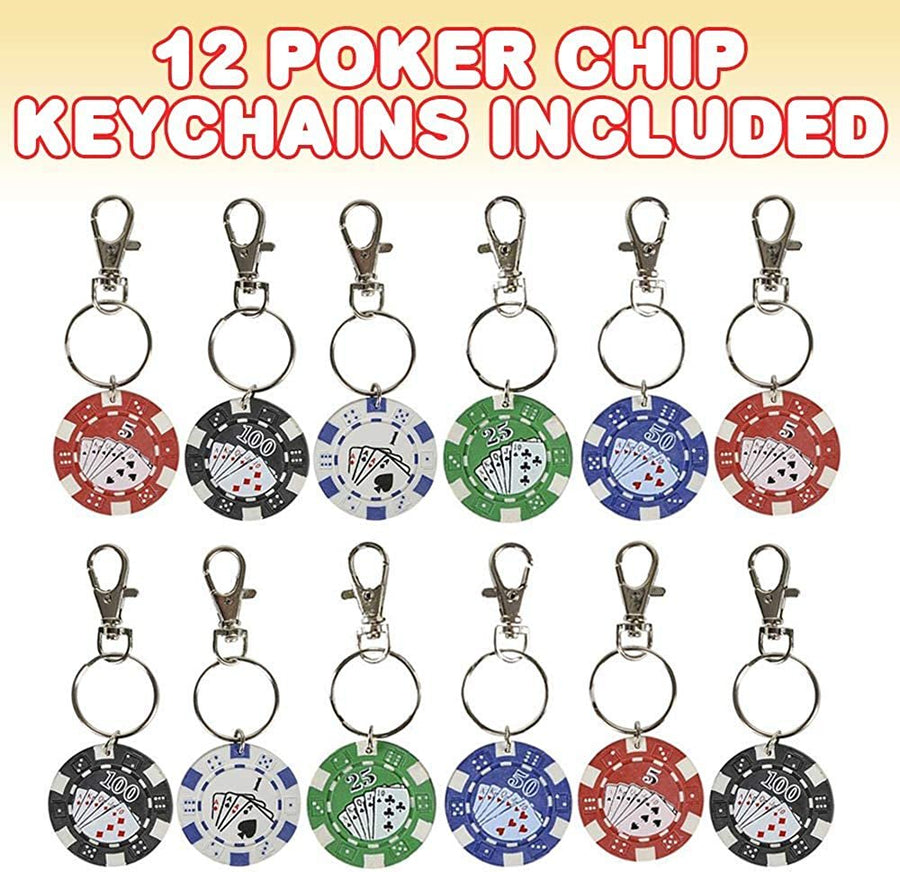 Poker Chip Keychains for Kids, Pack of 12, Fun Carabiner Clip for Backpack, Purse, Luggage, Themed Party Favors, Cool Goodie Bag Fillers, Small Prize for Boys and Girls