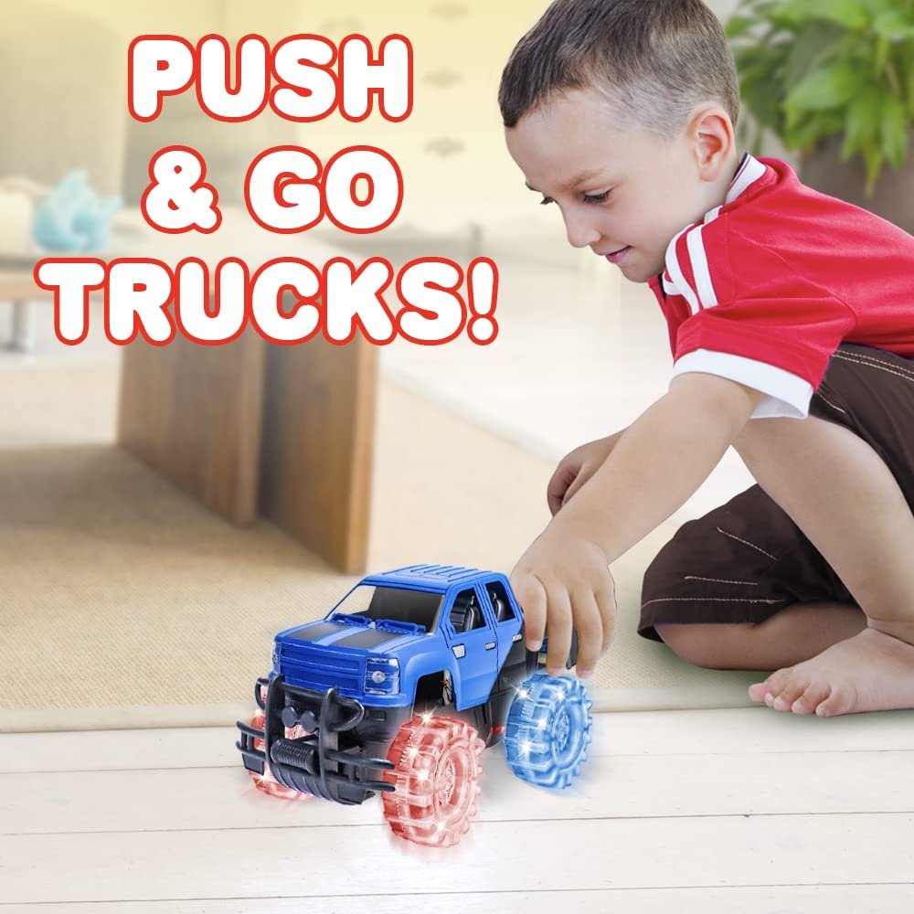 Light Up Blue & Black Monster Truck, 1 Piece, 8" Toy Monster Truck with Flashing LED Tires & Batteries, Push n Go Car Toys for Kids, Fun Gift for Boys & Girls Ages 3 & Up