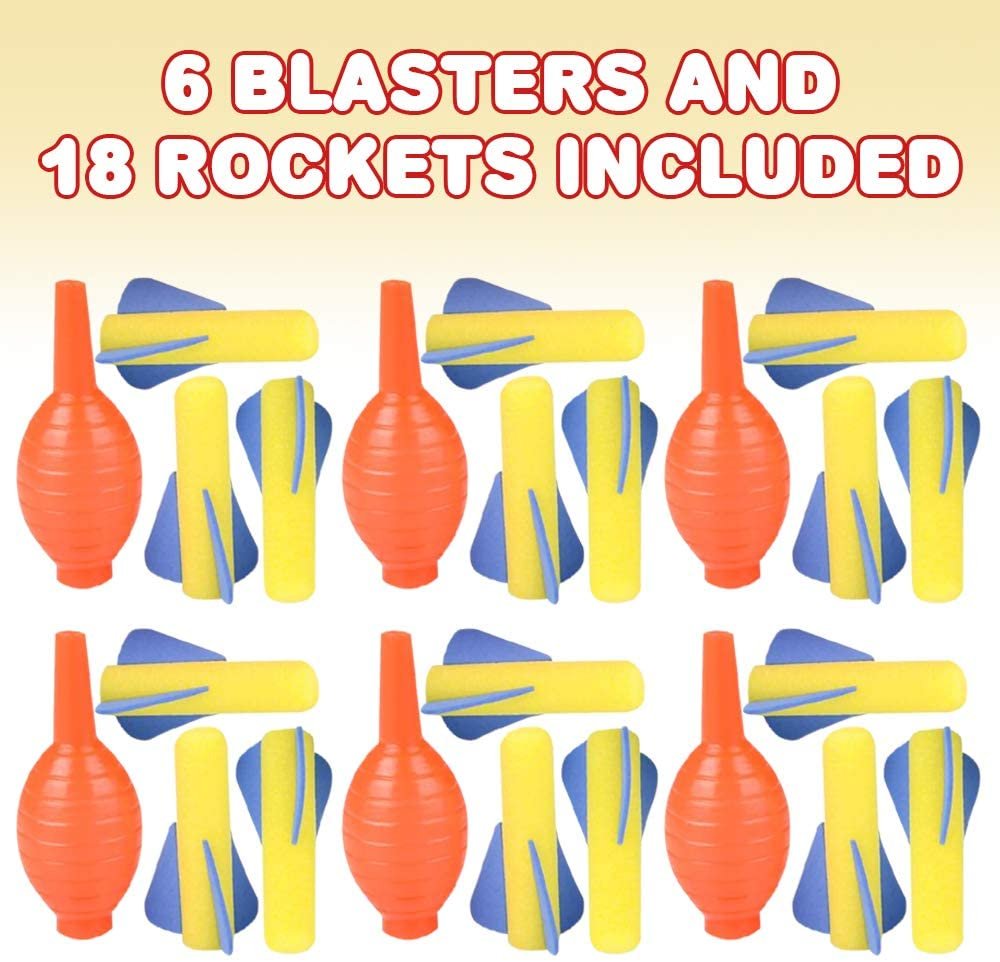 Foam Rocket Blasters, Set of 6, Each Set with 1 Squeeze Launcher and 3 Foam Rockets, Fun Summer Outdoor Toys, Great Goodie Bag Fillers, Party Favors and Prizes for Kids