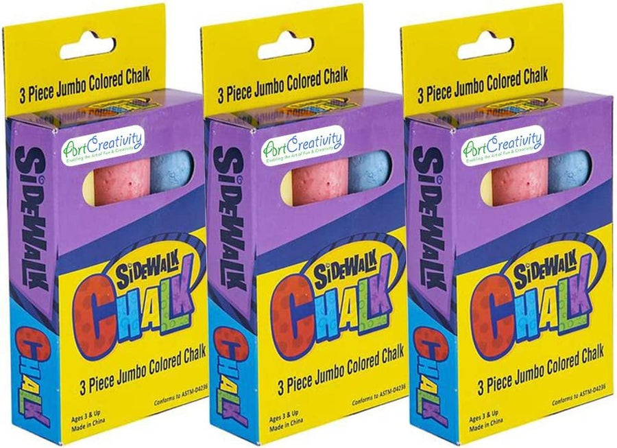 Jumbo Chalk Set for Kids, 3 Boxes, Each Box with 3 Chalk Sticks, Non-Toxic, Dust Free and Washable - for Driveway, Pavement, Outdoors - Great Arts & Crafts Gift, Birthday Party Favors