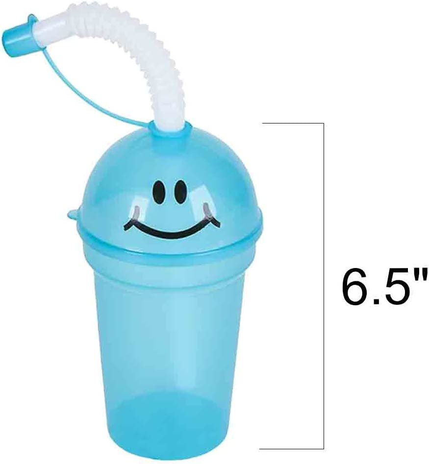 Smile Face Sipper Cups with Straws & Lids, Set of 12, Fun Assorted Colors, 7 oz Plastic Party Sipper Cups for Kids, Neon Party Favors for Children, Birthday Supplies & Goodie Bag Fillers