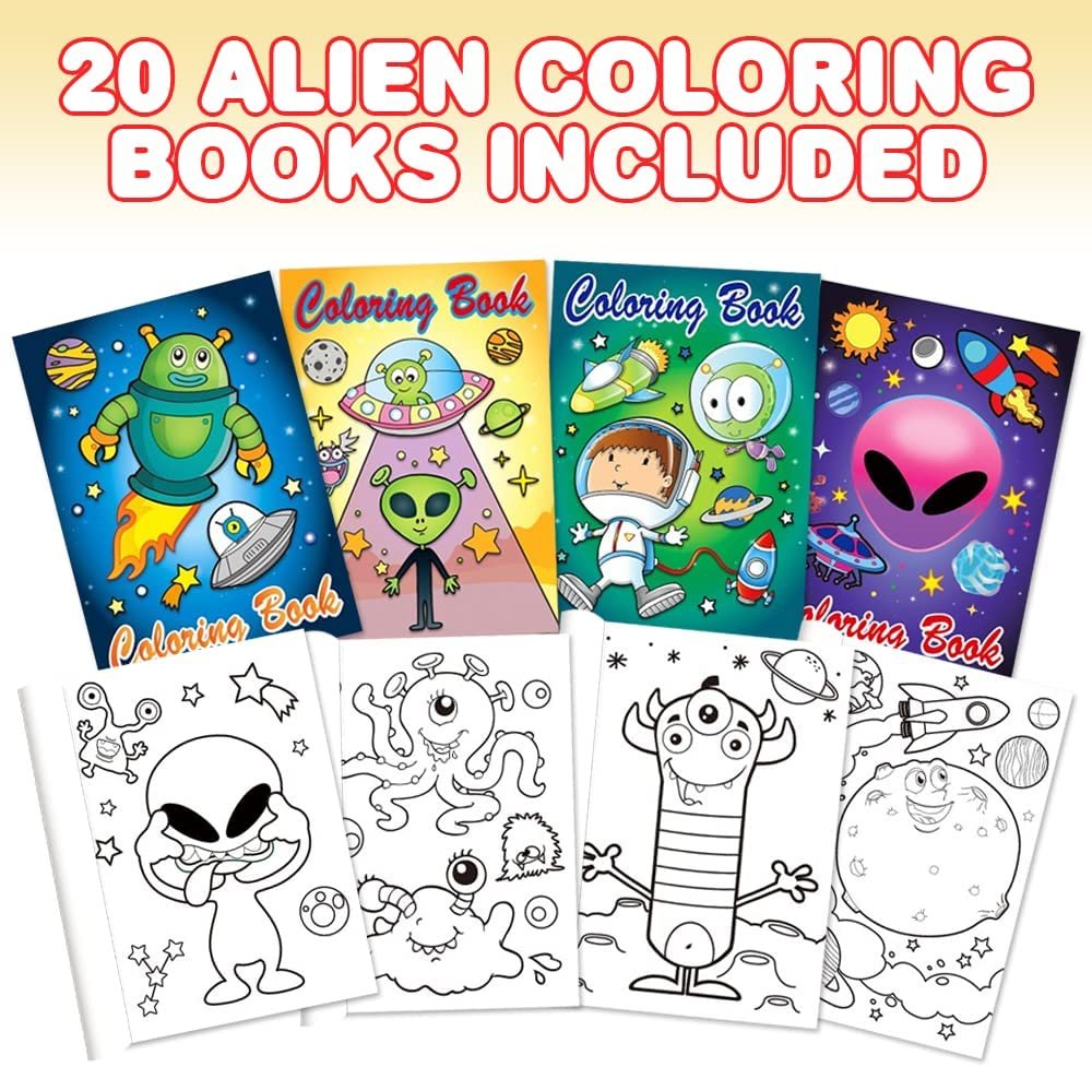 Assorted Mini Alien Coloring Books for Kids, Pack of 20, Small Color Booklets in 4 Designs, Alien Party Favors for Kids, Outer Space Goodie Bag Fillers for Boys and Girls