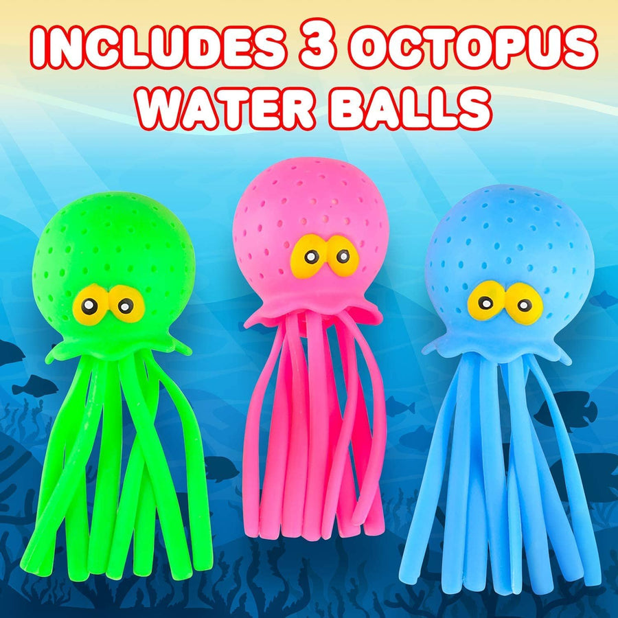 Octopus Water Balls, Set of 3, Rubber Kids’ Bath Toys, Sensory Stress Relief Pool Toys for Kids, Cute Goodie Bag Fillers for Boys and Girls, Pink, Blue and Green