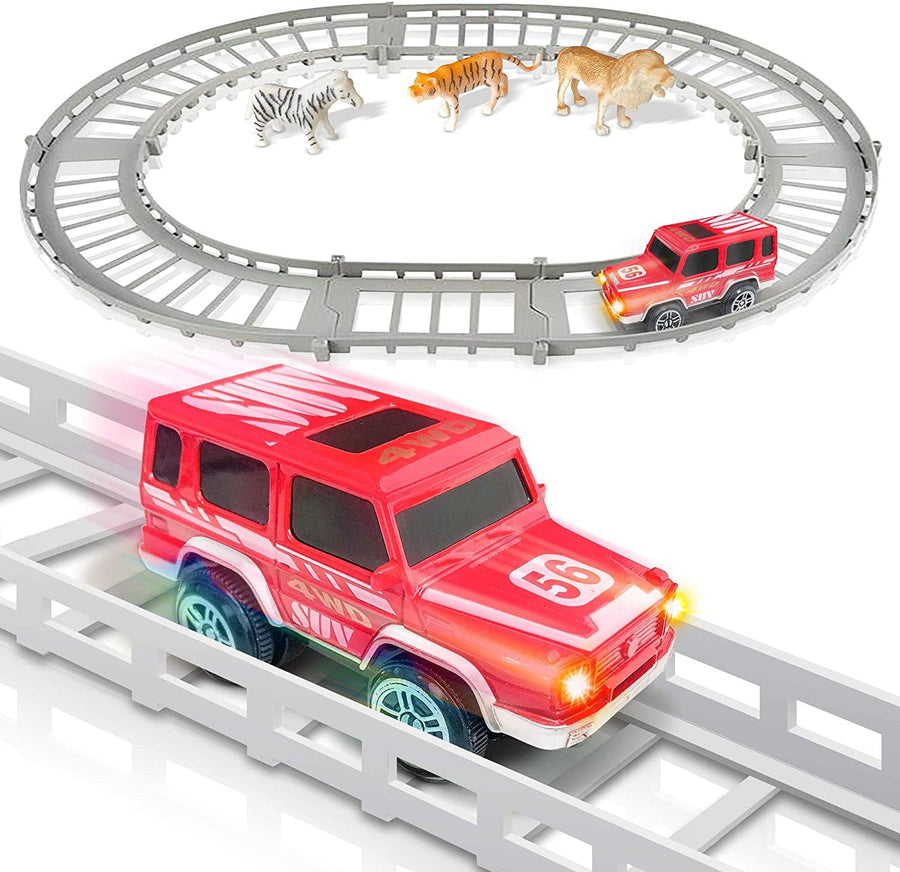 Battery Operated SUV Playset for Kids, Adventure Play Set with 3 Animal Figurines, 10 Tracks, and SUV Safari Car with Lights and Sounds, Best Car Gifts for Boys and Girls