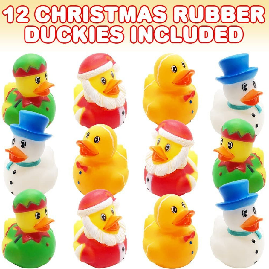 Christmas Rubber Duckies for Kids, Pack of 12, Xmas Themed Duck Bathtub Pool Toys, Fun Carnival and Christmas Party Supplies, Birthday Party Favors for Boys and Girls