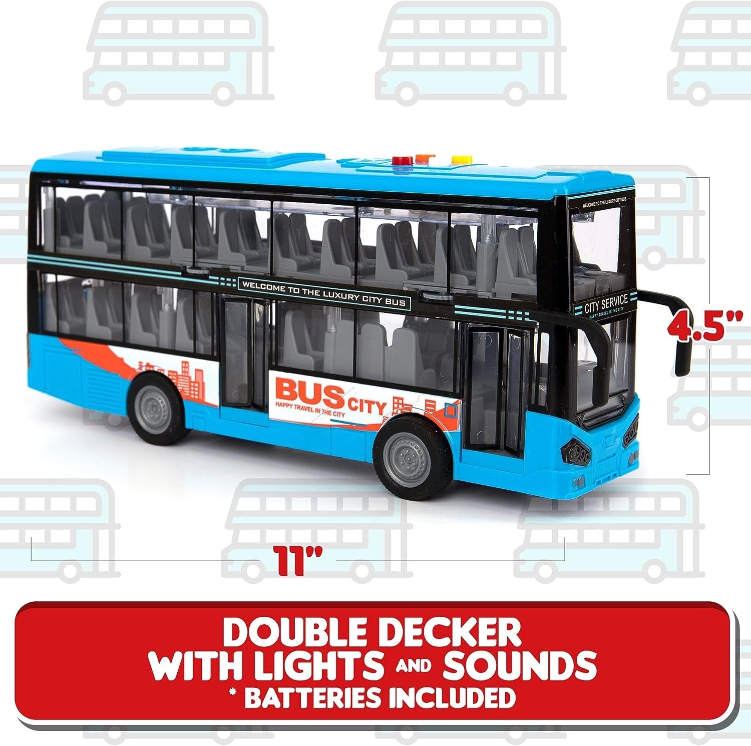 Die Cast Double Decker Bus Toy with Lights & Sounds - Friction Powered Bus Toy for Kids with Indoor Ceiling Lights and 4 Different Sounds - Doors Open - Gift for Kids Ages 3-8