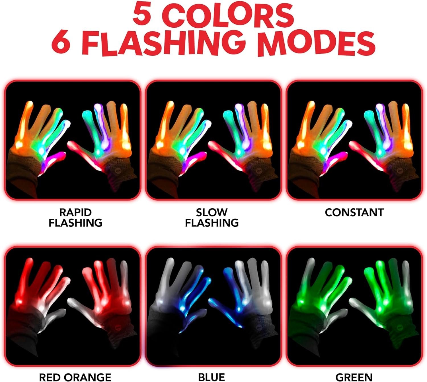 Led Light Up Gloves for Kids - 1 Pair - Medium Sized Glow in the Dark Gloves with 6 Cool Flashing Modes - Kids Light Up Gloves for Halloween Costumes - Rainbow Party Favors