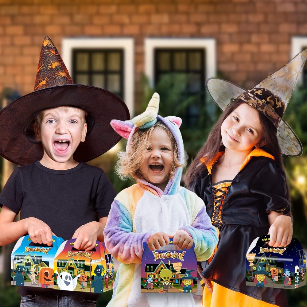 Halloween Treat Boxes, Set of 12, Cardboard Paper Halloween Candy Boxes with Carry Handles, Adorable Trick or Treat Supplies, Halloween Goodie Bags for Sweets, Toys, Gifts, and More