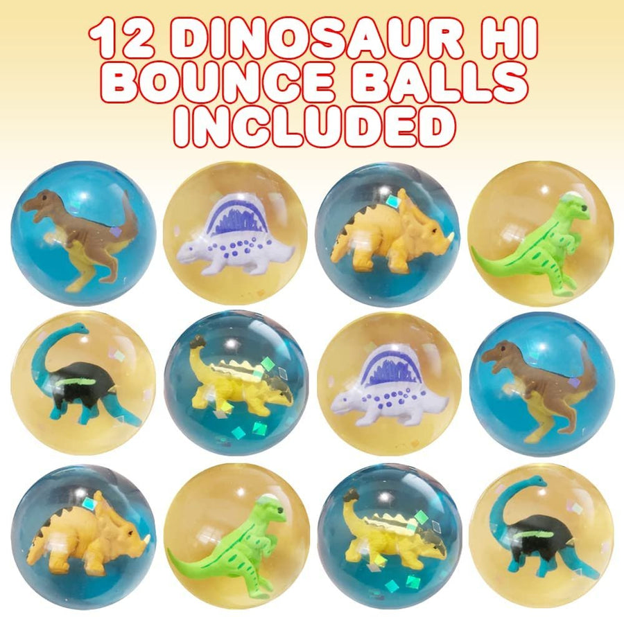 Dinosaur High Bounce Balls, Set of 12, Balls for Kids with 3D Dinosaur Inside, Outdoor Toys for Encouraging Active Play, Dinosaur Party Favors and Pinata Stuffers for Boys and Girls