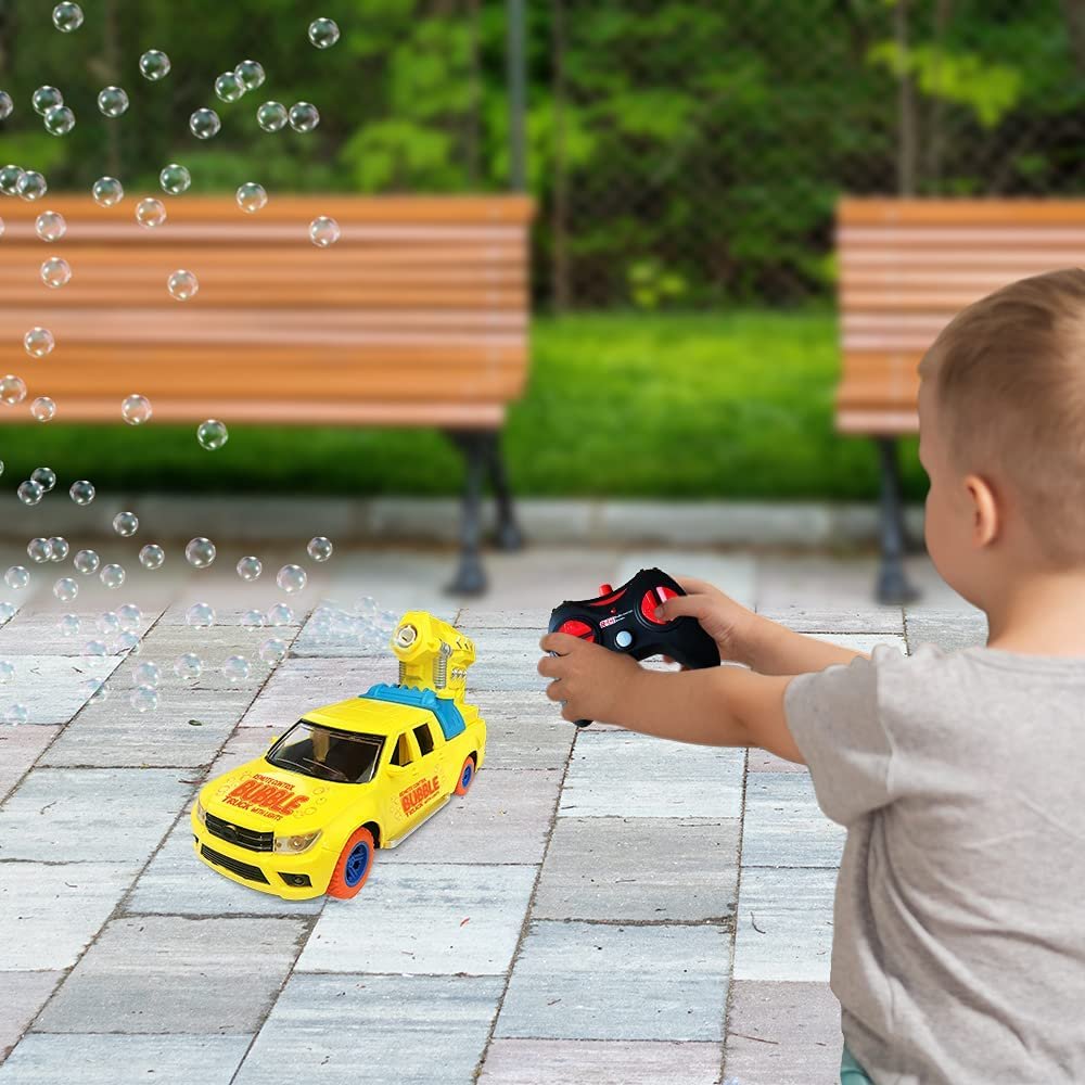 Remote Control Bubble Pickup Truck with Lights, Includes Rechargeable Bubble Blowing Car, Controller, Bubble Solution, Mini Funnel & Charging Cable, Indoor & Outdoor Bubble Toy for Kids