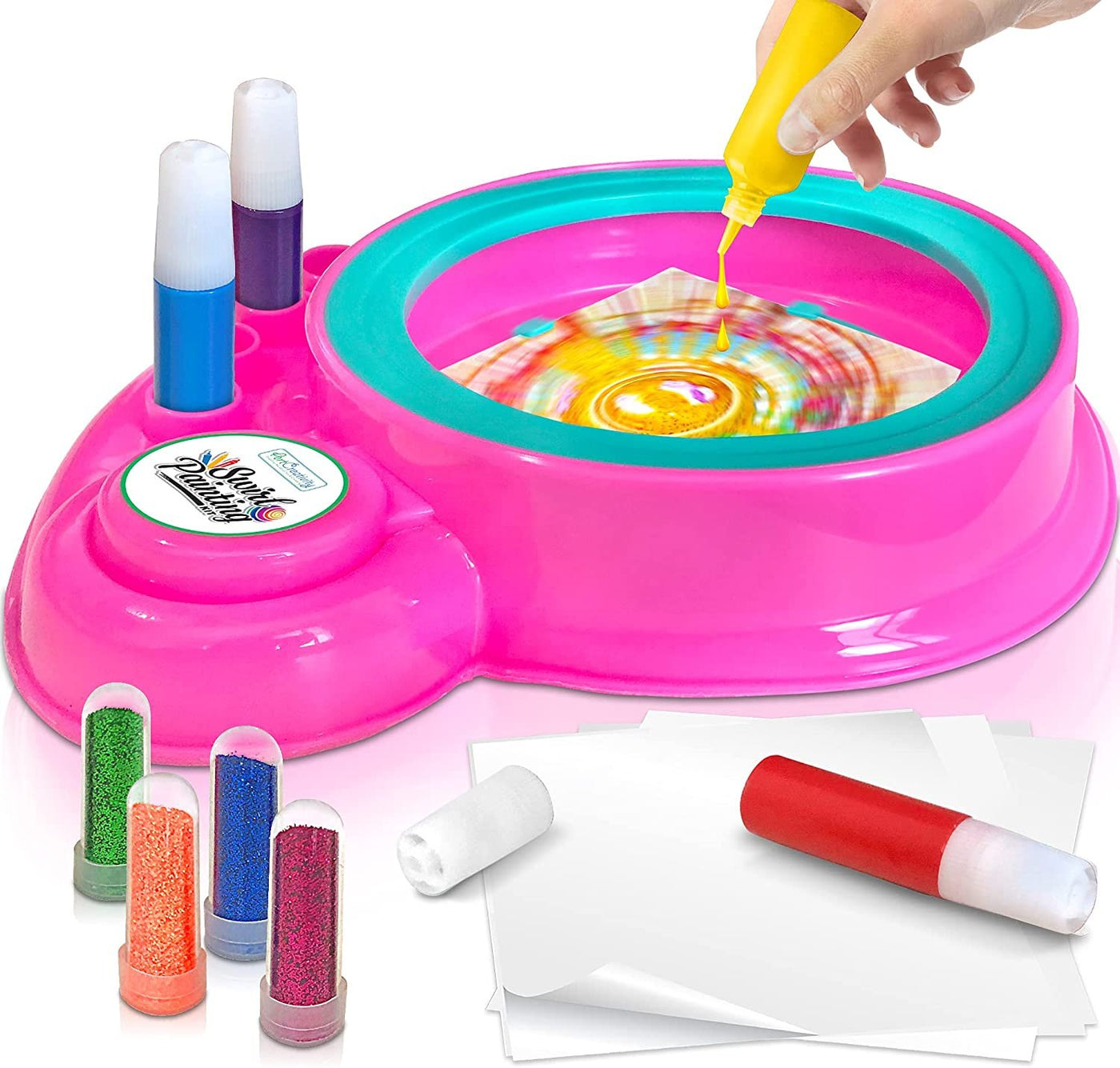 Swirl Painting Kit for Kids, Friction Powered Spin Art Machine, 21 Piece Set, Includes Paint, Glitter, Paper, Spinning Wheel, Engaging Arts & Crafts Activities, No Batteries Required