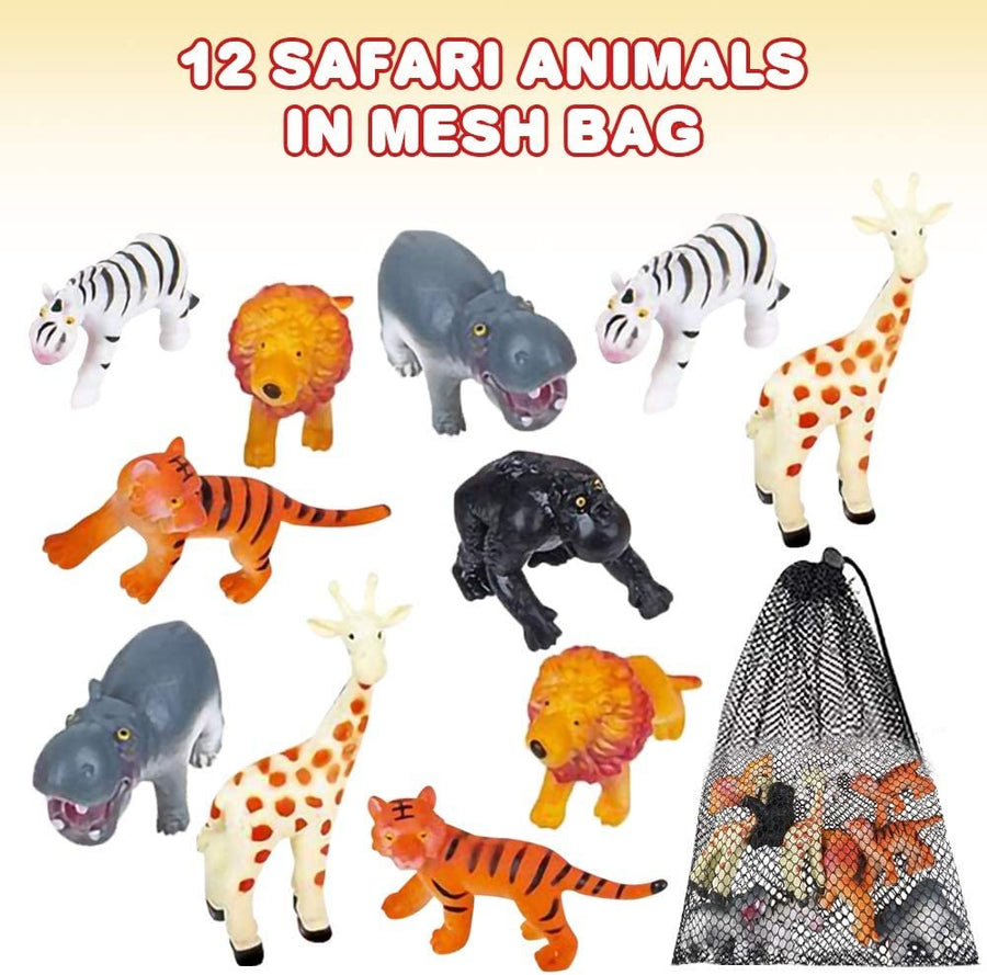Safari Figures Assortment in Mesh Bag, Set of 12 Mini Animal Figurines in Assorted Designs, Fun Bath Water Playset for Kids, Party Favors for Boys and Girls