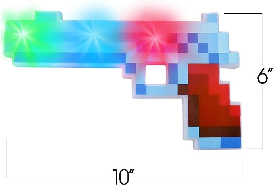 10" Light Up Pixel Pistol Toy with Flashing LEDs - Cool Retro Pixelated Plastic Pistol - Video Game Party Supplies - Unique Kids Easter Basket Stuffers Gift - Batteries Included