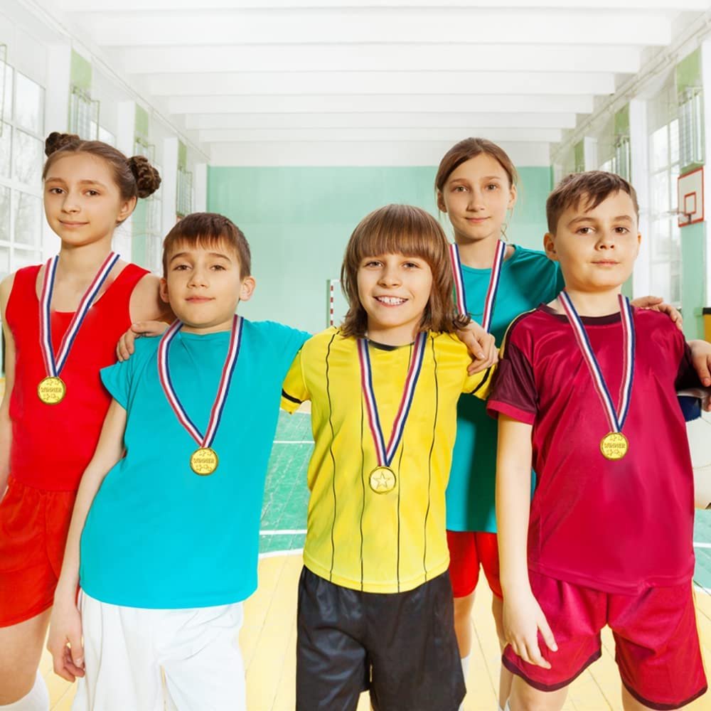 Gold Prize Medal for Kids, Set of 12 Medals on Ribbon Necklaces, Olympic Style Metal Winner Awards for Sports, Talent Show, and Spelling Bee, Gymnastic Birthday Party Favors